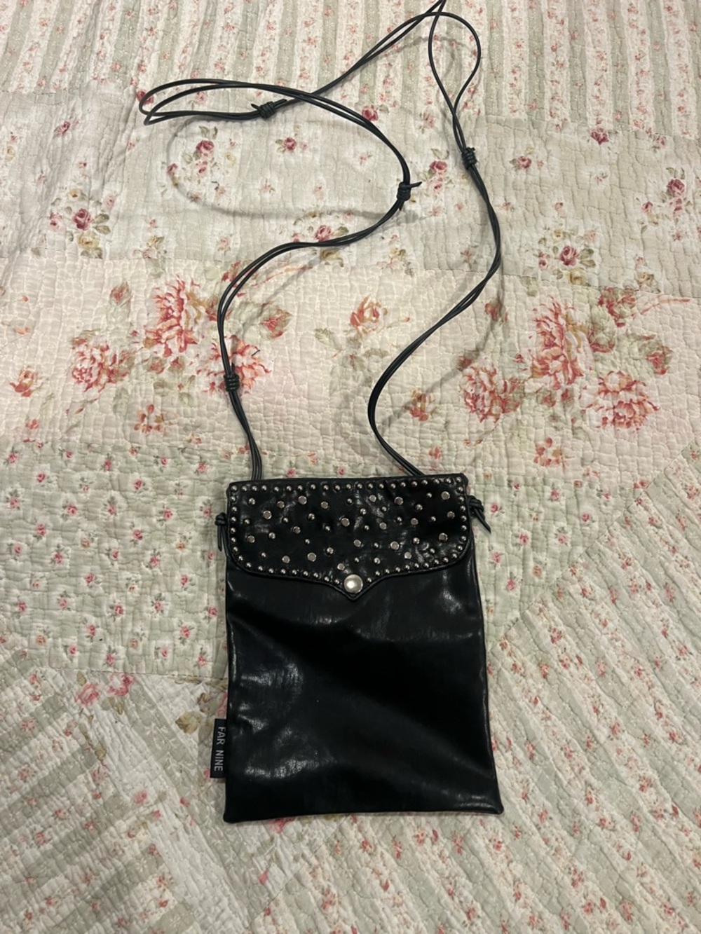 Black Studded barbed wire Leather Crossbody Pouch - Far Nine